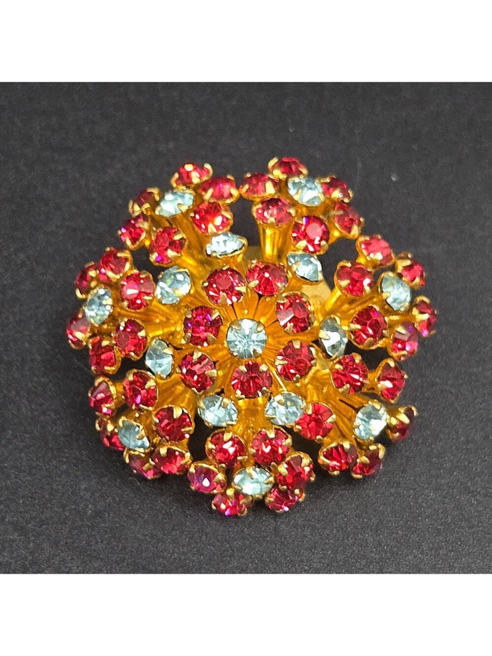 Stunning Czech Crystal Dome Brooch With Aurora Red & Blue Floral Design
